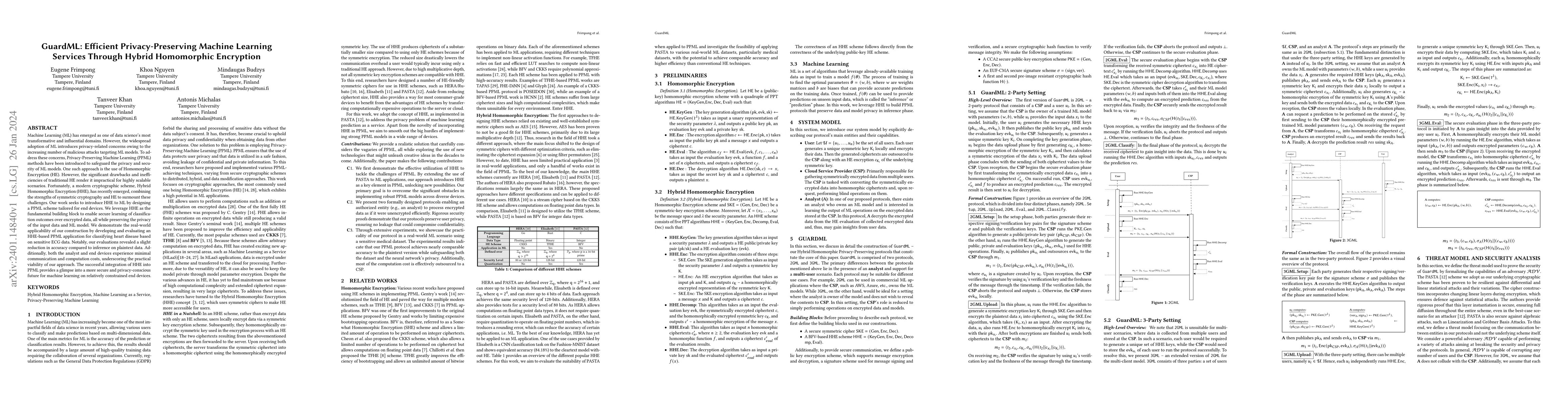 Thumbnail for GuardML: Efficient Privacy-Preserving Machine Learning Services Through
  Hybrid Homomorphic Encryption