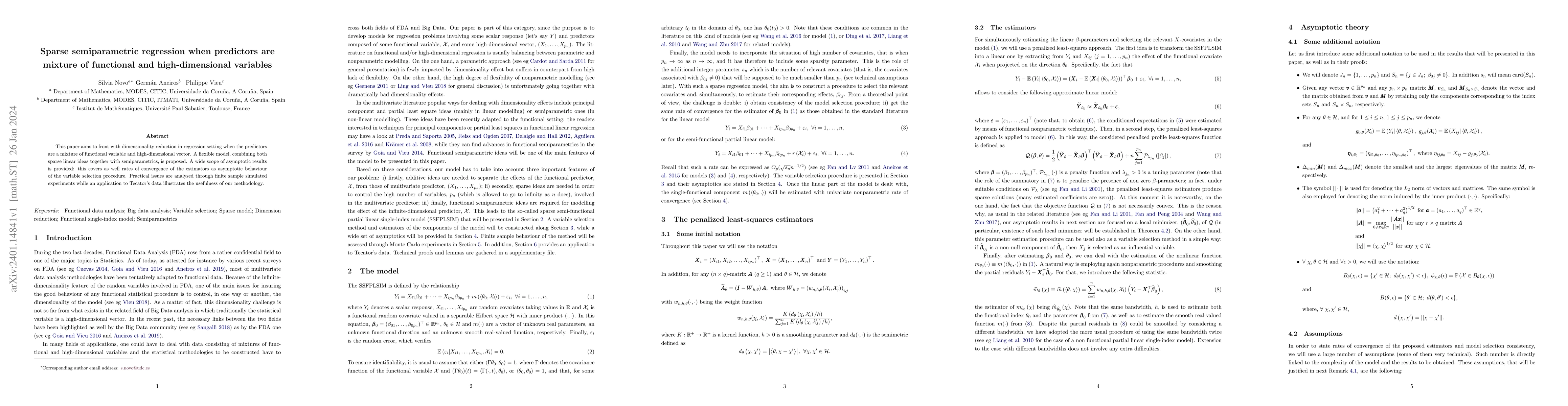 Thumbnail for Sparse semiparametric regression when predictors are mixture of
  functional and high-dimensional variables