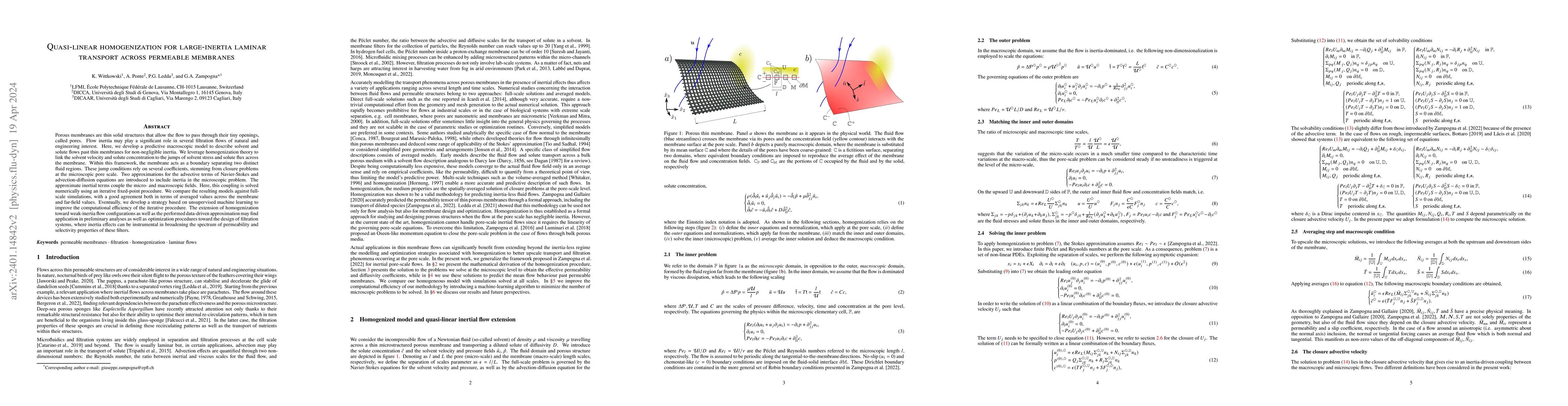 Thumbnail for Quasi-Linear Homogenization for Large-Inertia Laminar Transport across
  Permeable Membranes
