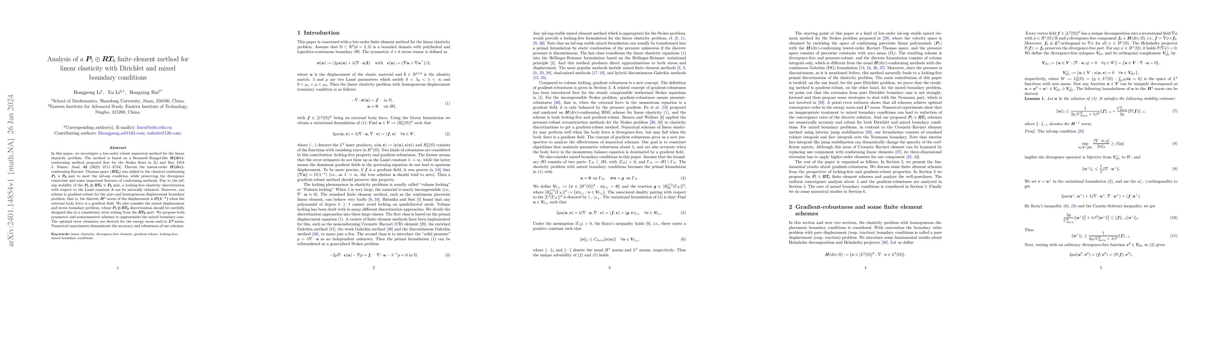 Thumbnail for Analysis of a $\boldsymbol{P}_1\oplus \boldsymbol{RT}_0$ finite element
  method for linear elasticity with Dirichlet and mixed boundary conditions