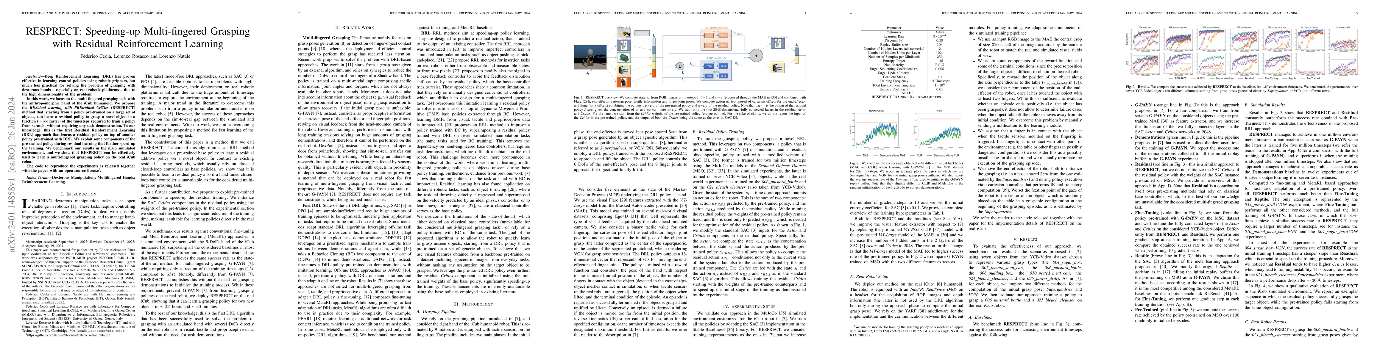 Thumbnail for RESPRECT: Speeding-up Multi-fingered Grasping with Residual
  Reinforcement Learning