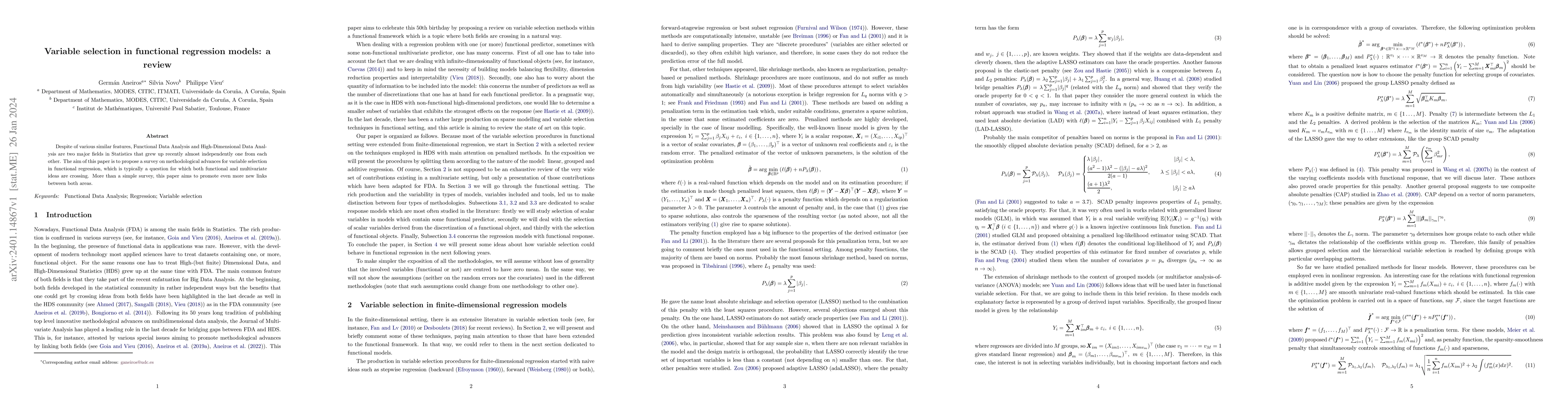 Thumbnail for Variable selection in functional regression models: a review