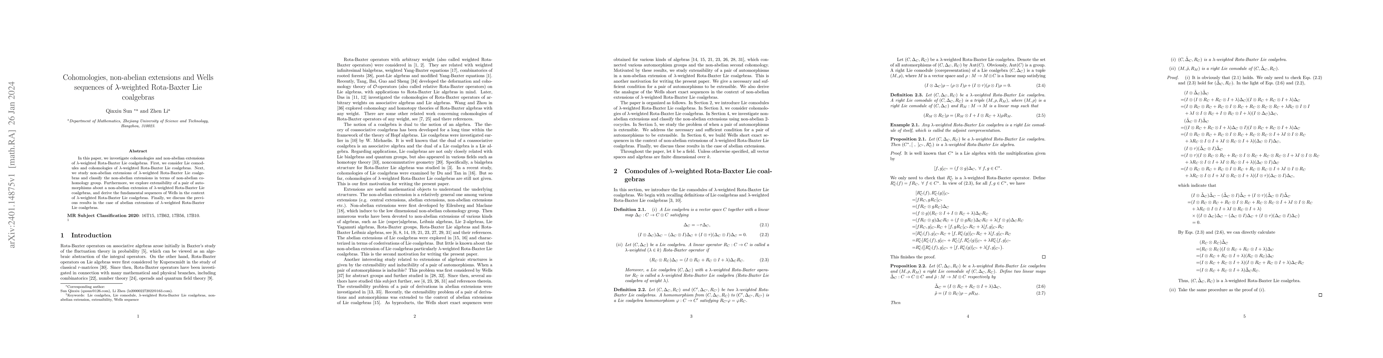 Thumbnail for Cohomologies, non-abelian extensions and Wells sequences of
  lambda-weighted Rota-Baxter Lie coalgebras
