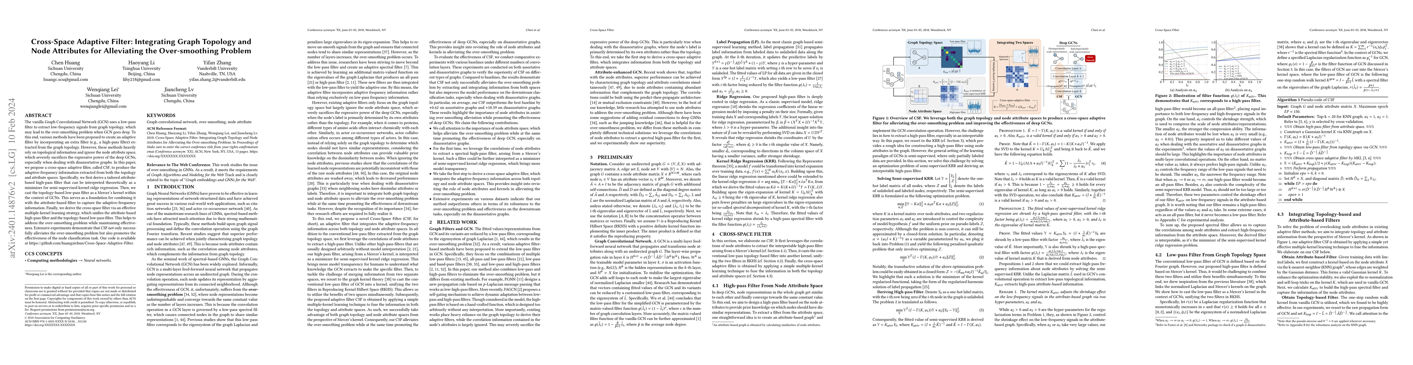 Thumbnail for Cross-Space Adaptive Filter: Integrating Graph Topology and Node
  Attributes for Alleviating the Over-smoothing Problem