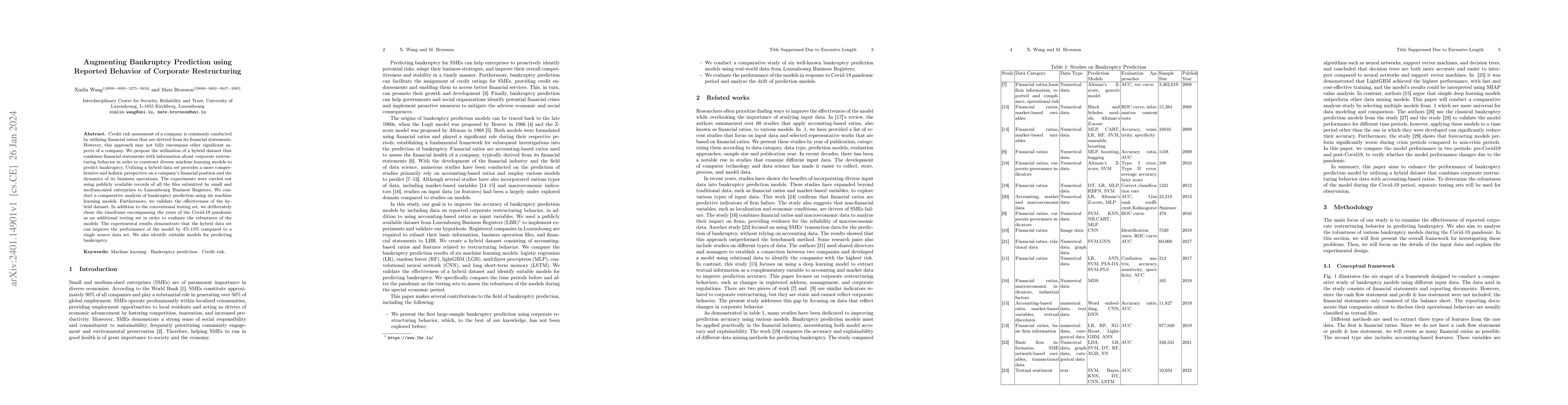 Thumbnail for Augmenting Bankruptcy Prediction using Reported Behavior of Corporate
  Restructuring