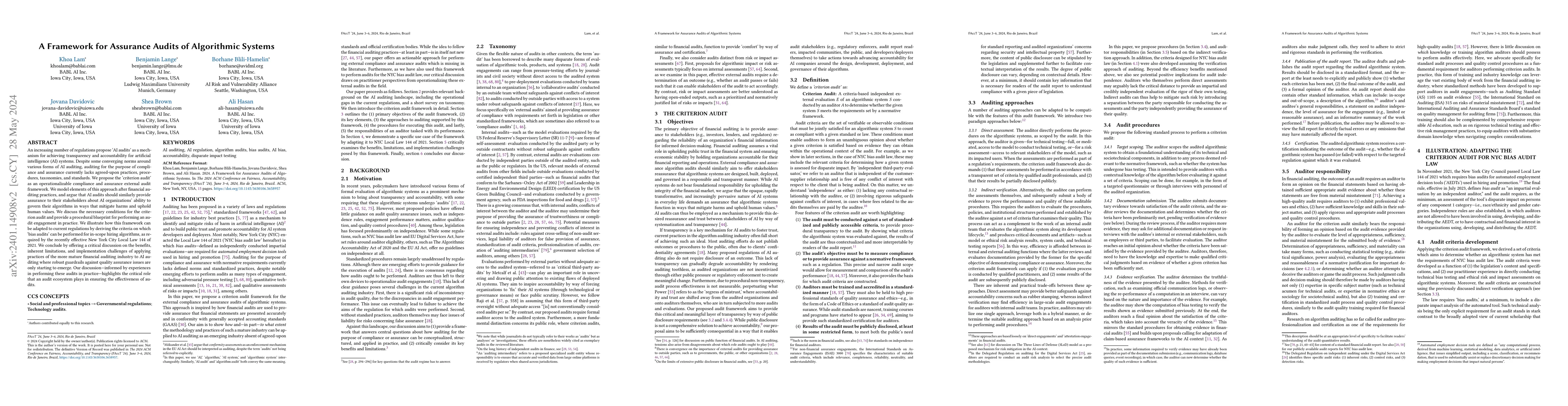 Thumbnail for A Framework for Assurance Audits of Algorithmic Systems