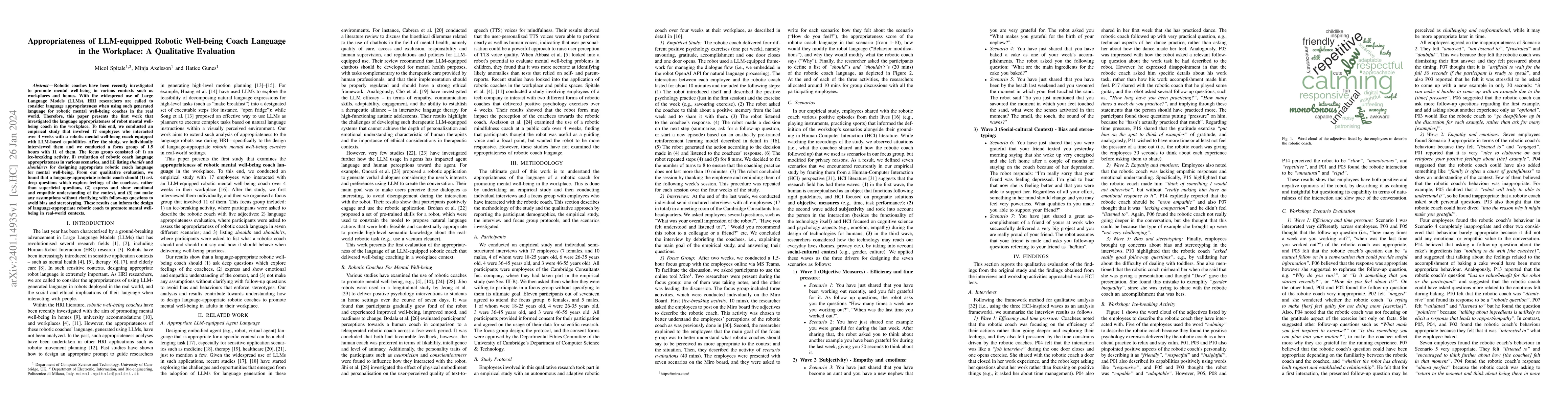 Thumbnail for Appropriateness of LLM-equipped Robotic Well-being Coach Language in the
  Workplace: A Qualitative Evaluation