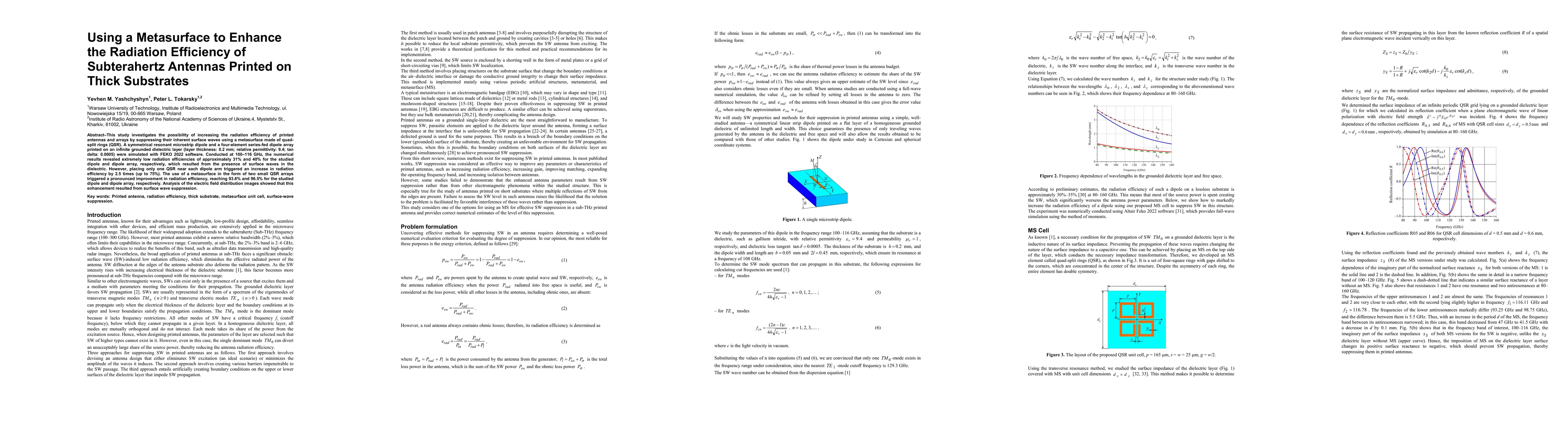 Thumbnail for Using a Metasurface to Enhance the Radiation Efficiency of Subterahertz
  Antennas Printed on Thick Substrates