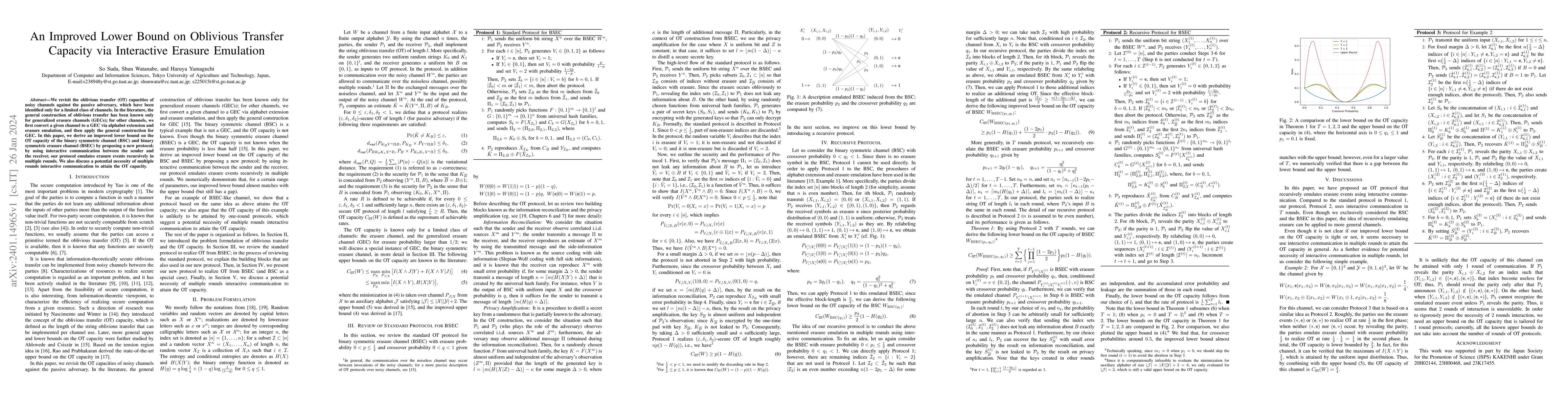 Thumbnail for An Improved Lower Bound on Oblivious Transfer Capacity via Interactive
  Erasure Emulation