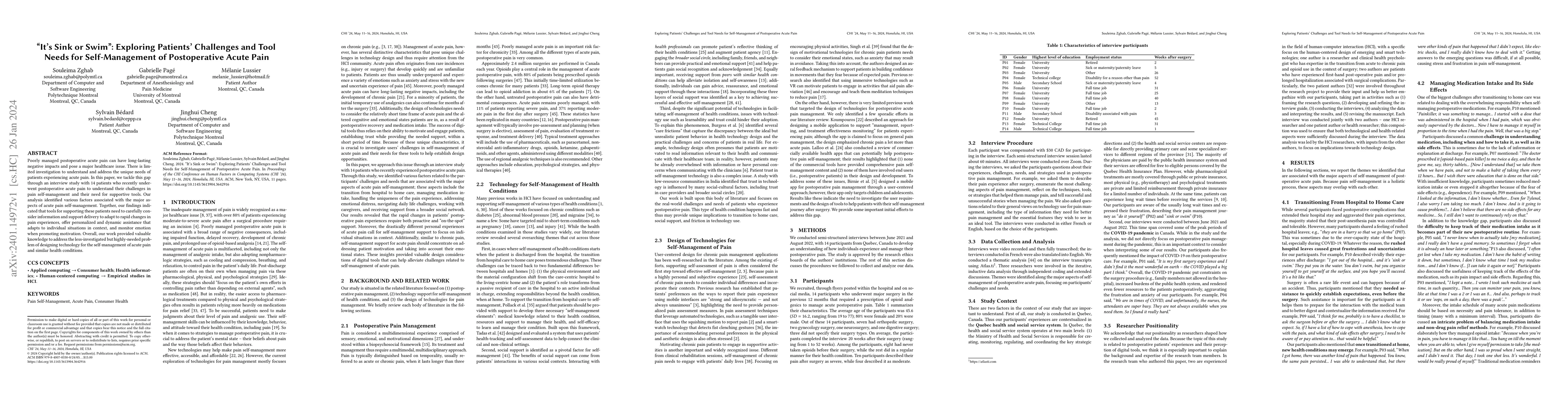 Thumbnail for "It's Sink or Swim'': Exploring Patients' Challenges and Tool Needs for
  Self-Management of Postoperative Acute Pain