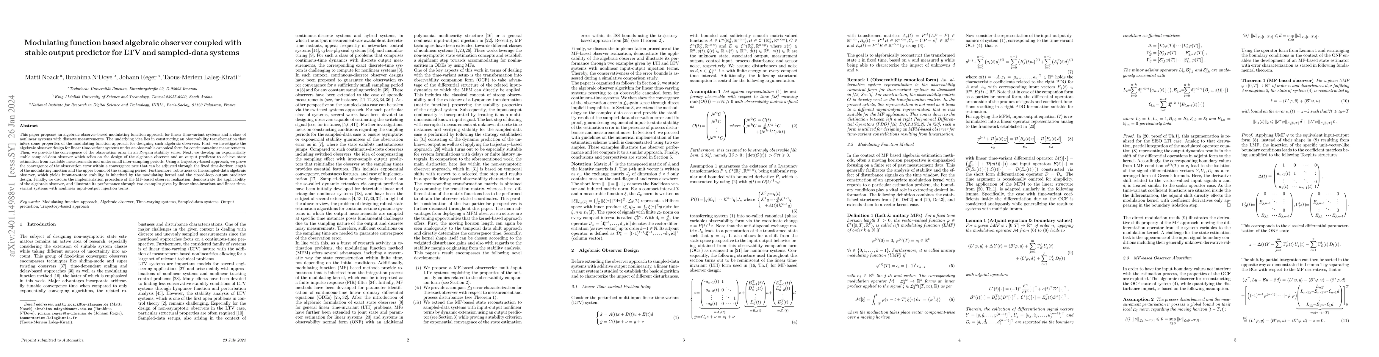 Thumbnail for Modulating function based algebraic observer coupled with stable output
  predictor for LTV and sampled-data systems