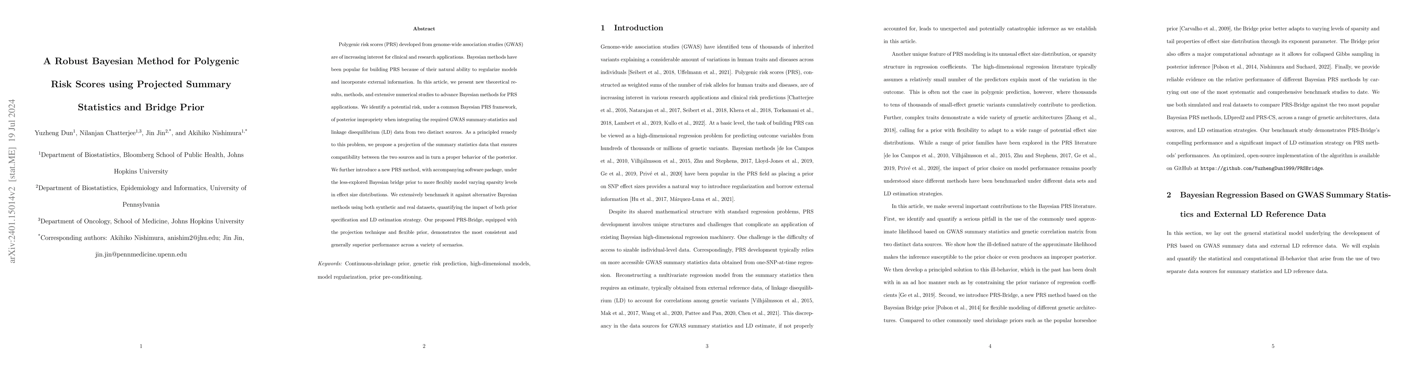 Thumbnail for A Robust Bayesian Method for Building Polygenic Risk Scores using
  Projected Summary Statistics and Bridge Prior