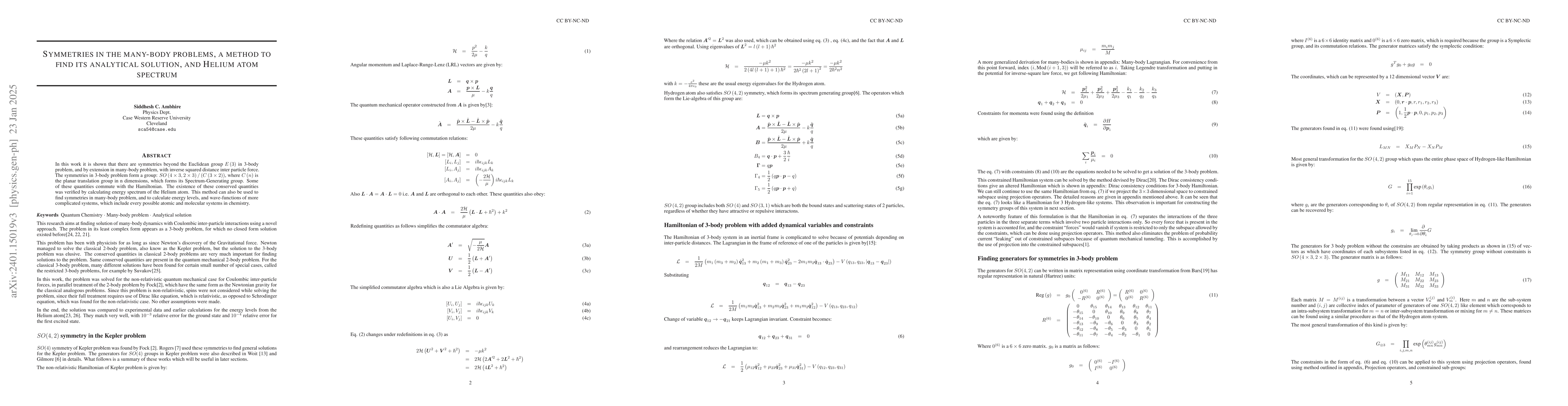 Thumbnail for Symmetries in the many-body problems, a method to find its analytical
  solution, and Helium atom spectrum