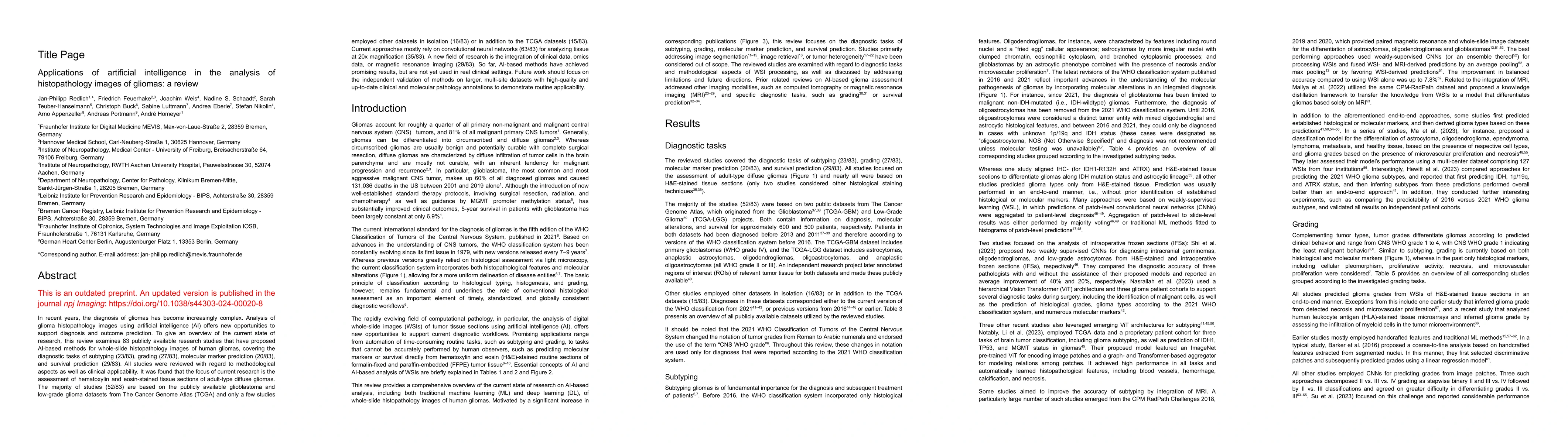 Thumbnail for Applications of artificial intelligence in the analysis of
  histopathology images of gliomas: a review
