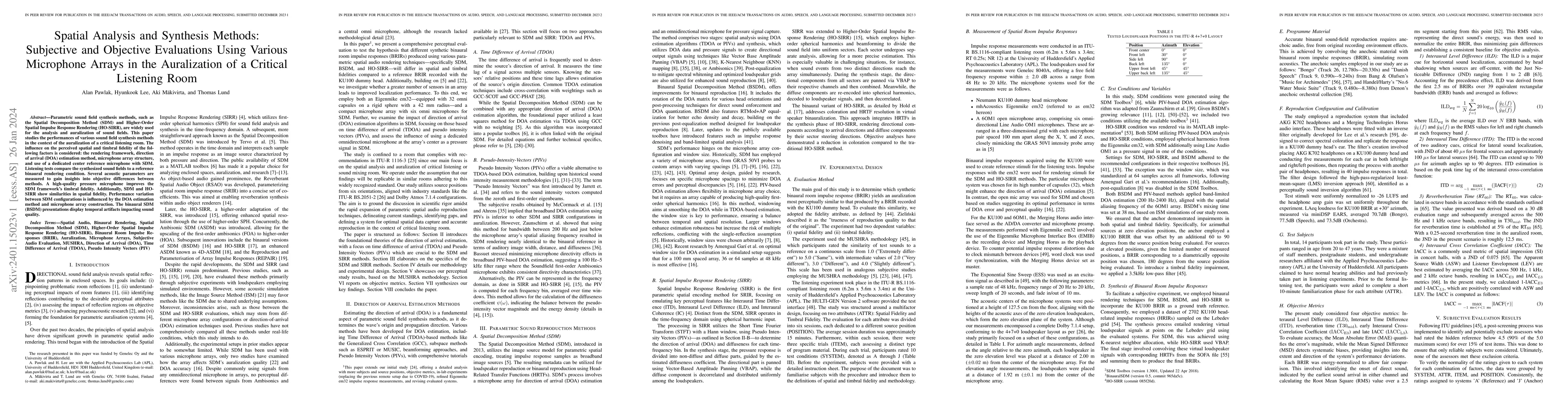 Thumbnail for Spatial Analysis and Synthesis Methods: Subjective and Objective
  Evaluations Using Various Microphone Arrays in the Auralization of a Critical
  Listening Room