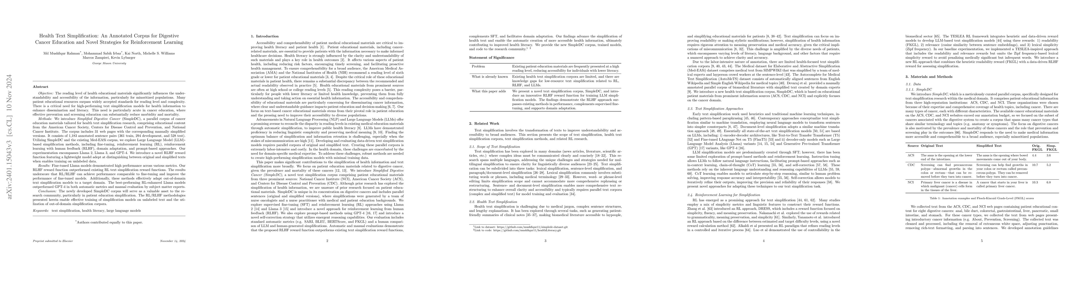 Thumbnail for Health Text Simplification: An Annotated Corpus for Digestive Cancer
  Education and Novel Strategies for Reinforcement Learning