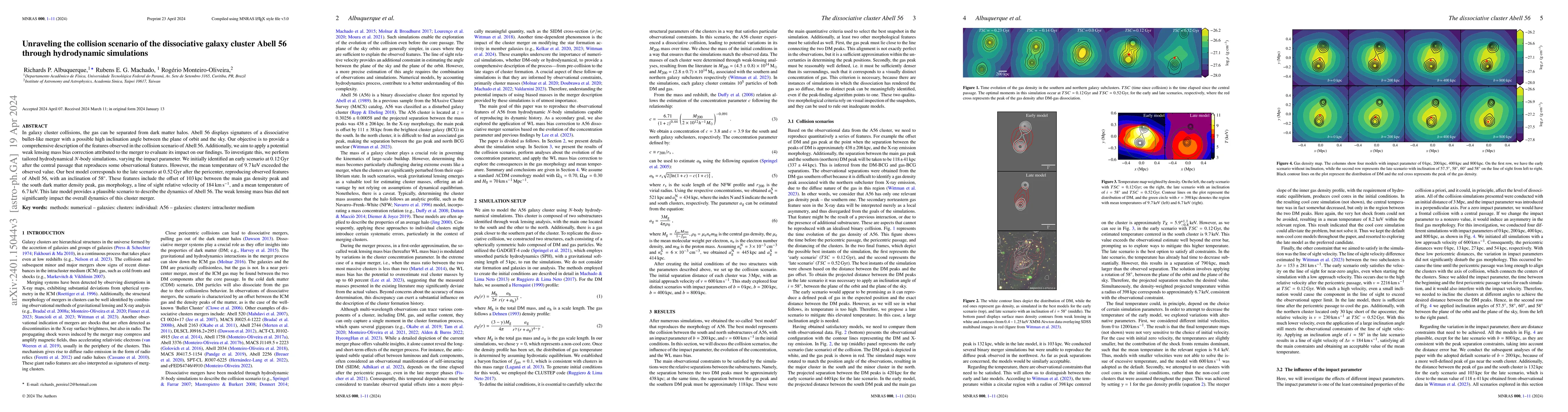 Thumbnail for Unraveling the collision scenario of the dissociative galaxy cluster
  Abell 56 through hydrodynamic simulations