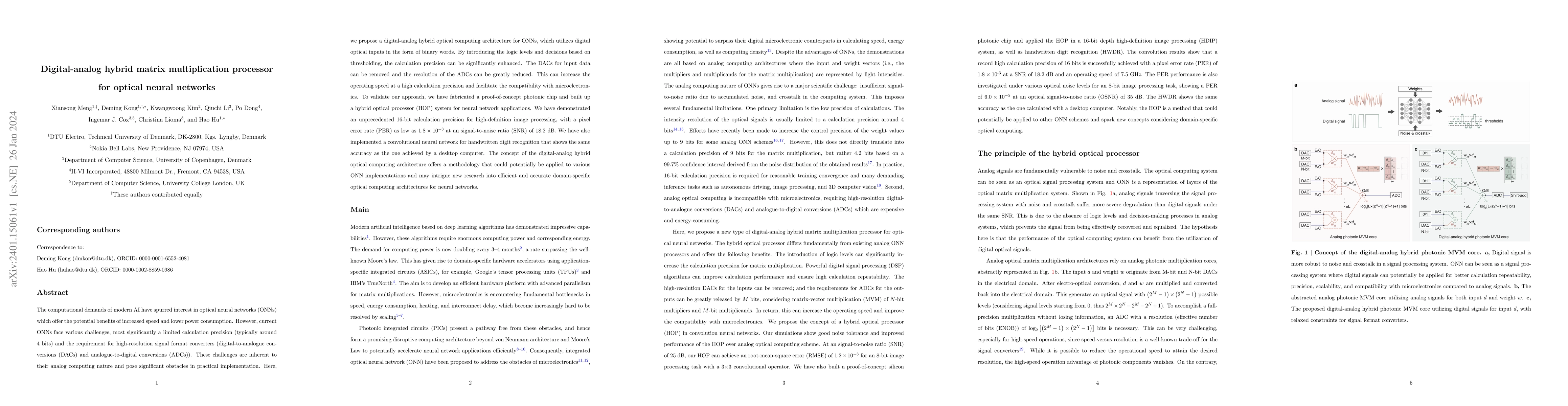 Thumbnail for Digital-analog hybrid matrix multiplication processor for optical neural
  networks