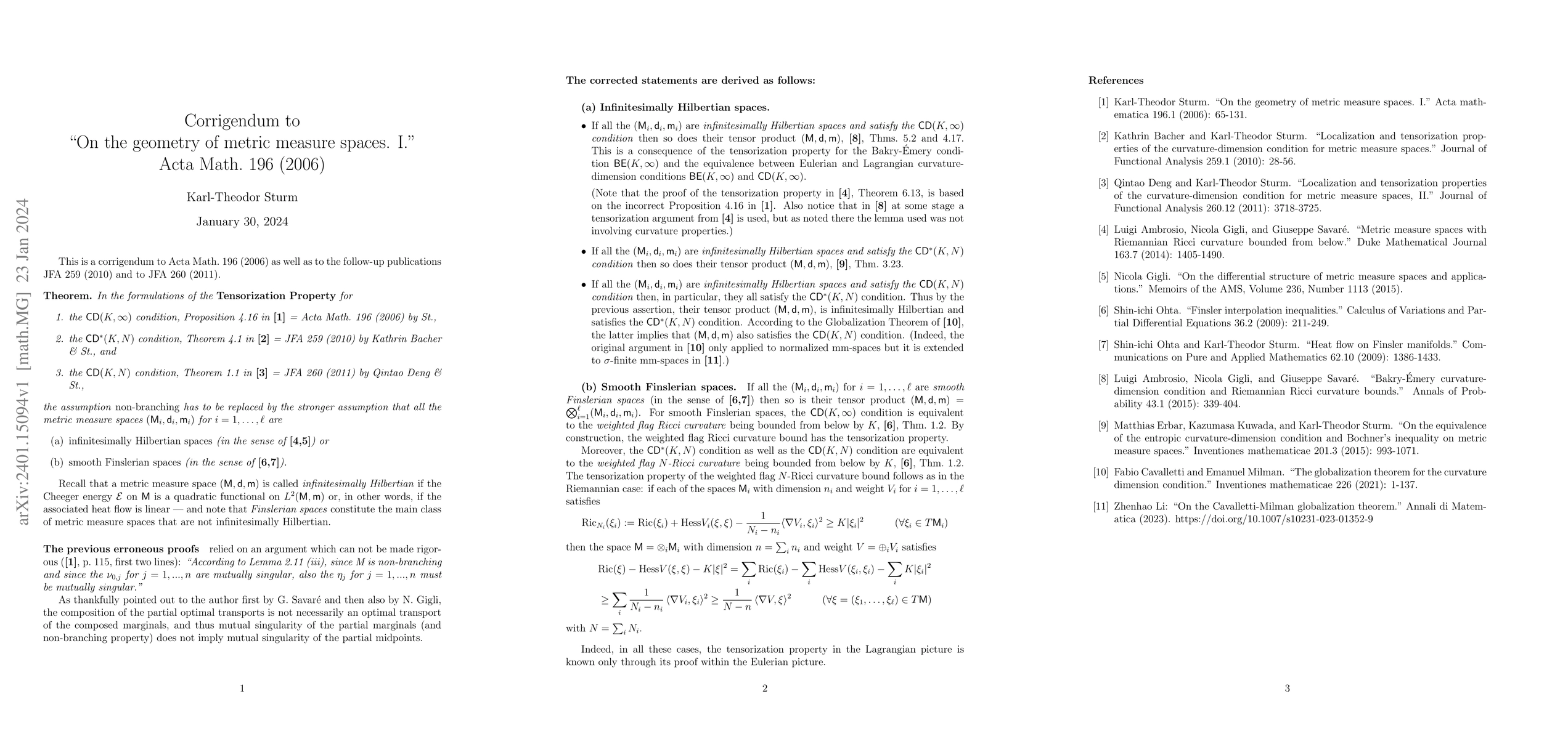 Thumbnail for Corrigendum to "On the geometry of metric measure spaces. I." Acta Math.
  196 (2006)