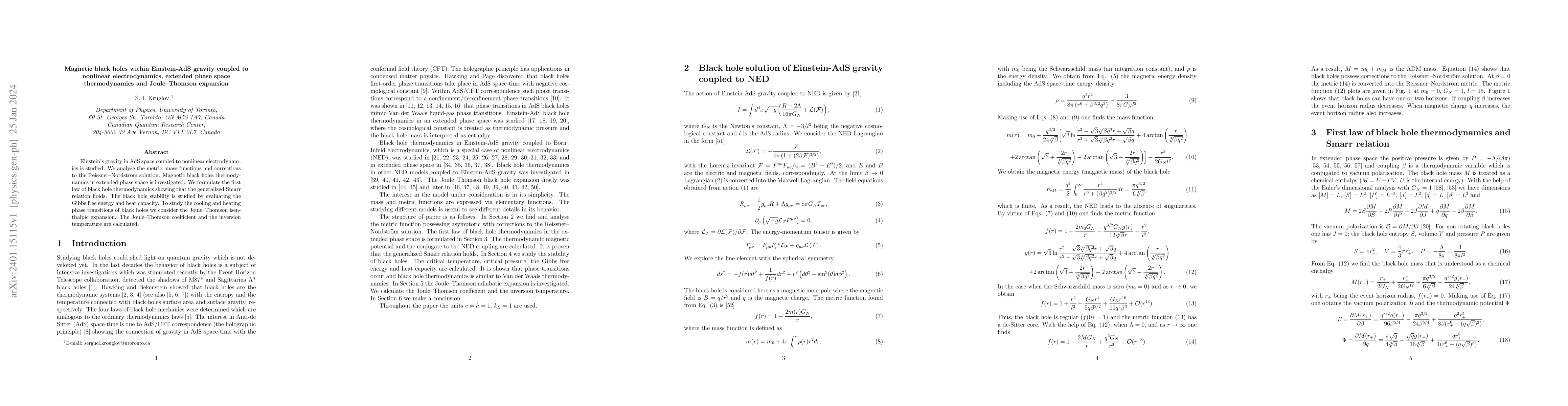 Thumbnail for Magnetic black holes within Einstein-AdS gravity coupled to nonlinear
  electrodynamics, extended phase space thermodynamics and Joule-Thomson
  expansion