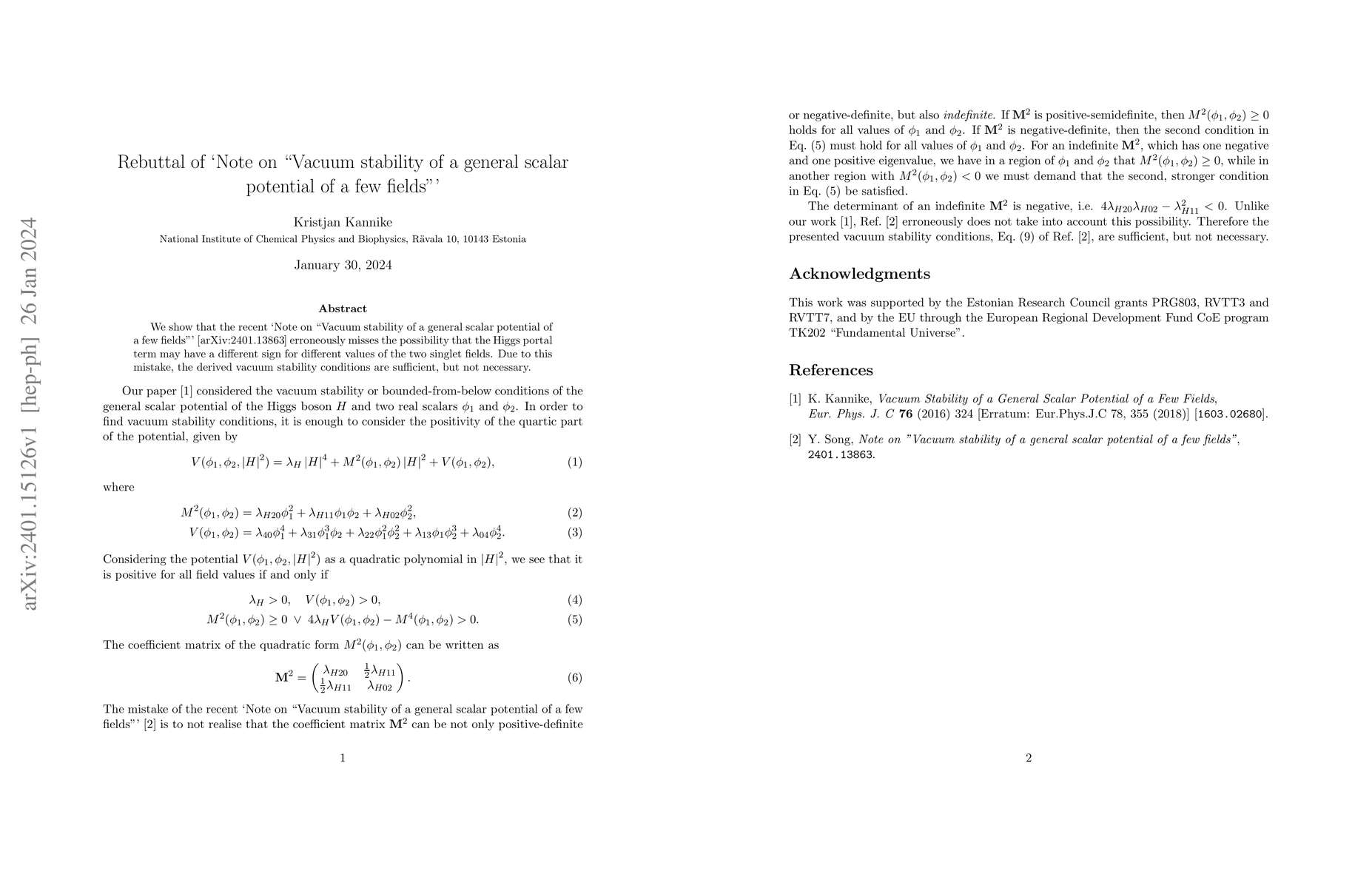 Thumbnail for Rebuttal of 'Note on "Vacuum stability of a general scalar potential of
  a few fields"'