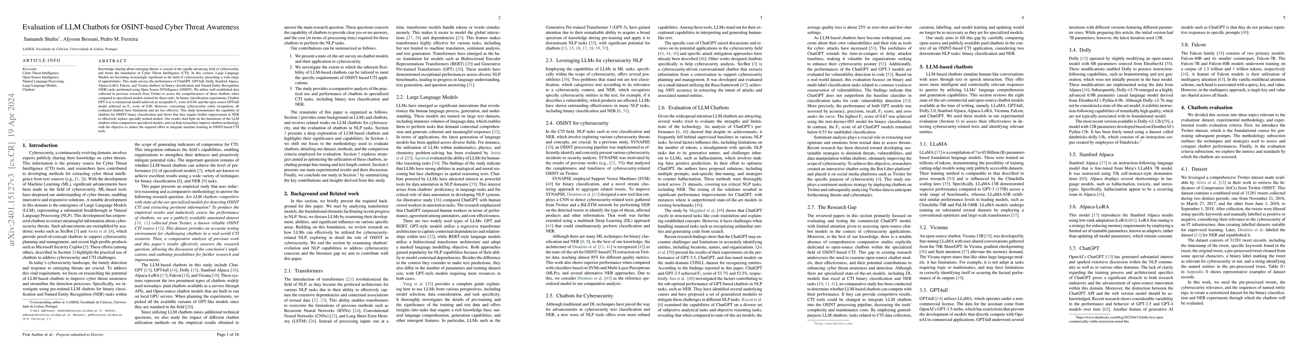 Thumbnail for Evaluation of LLM Chatbots for OSINT-based Cyber Threat Awareness
