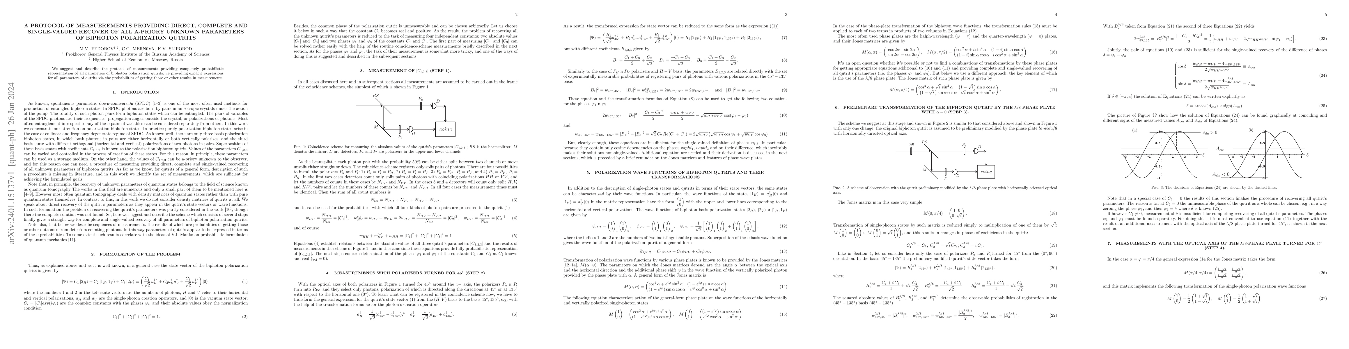 Thumbnail for A protocol of measurements providing direct, complete and single-valued
  recover of all a-priori unknown parameters of biphoton polarization qutrits