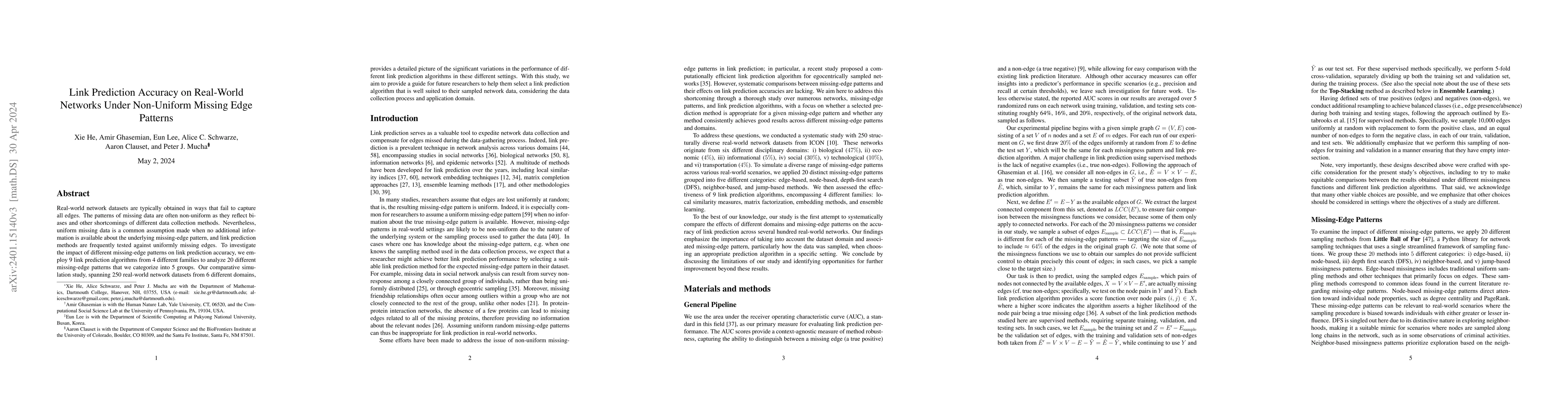 Thumbnail for Link Prediction Accuracy on Real-World Networks Under Non-Uniform
  Missing Edge Patterns