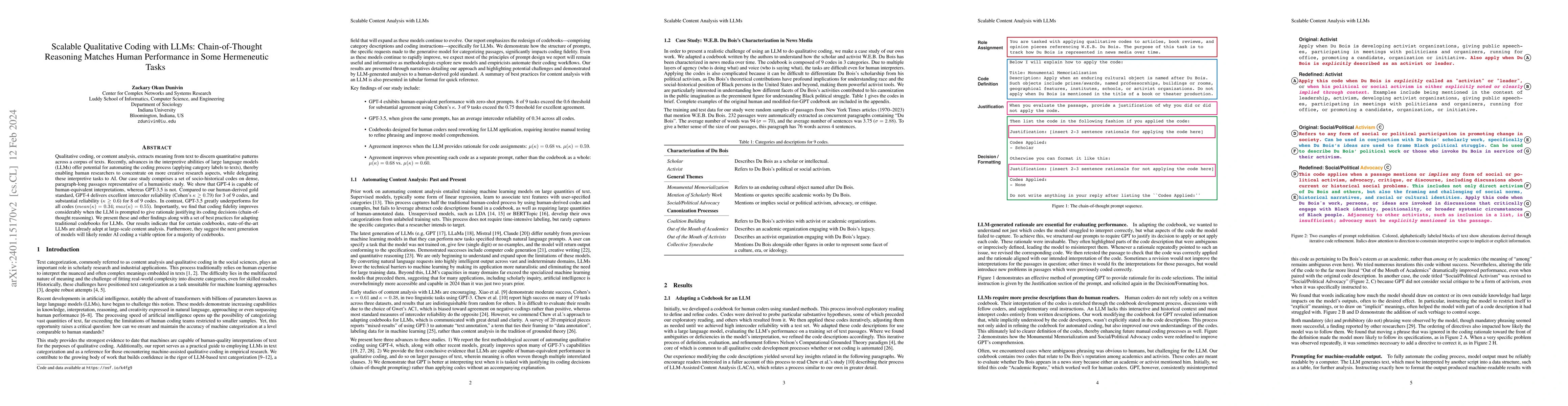 Thumbnail for Scalable Qualitative Coding with LLMs: Chain-of-Thought Reasoning
  Matches Human Performance in Some Hermeneutic Tasks