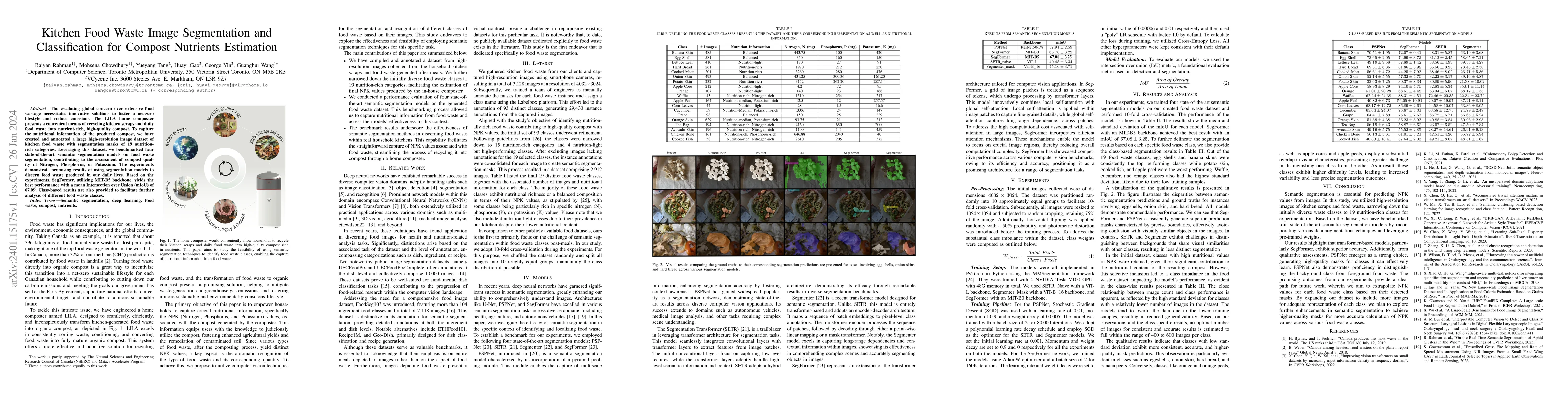 Thumbnail for Kitchen Food Waste Image Segmentation and Classification for Compost
  Nutrients Estimation
