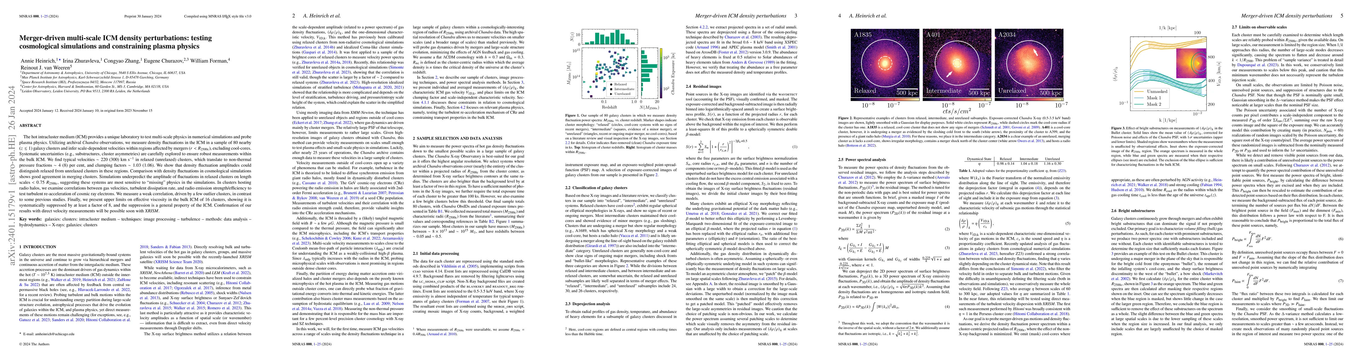 Thumbnail for Merger-driven multi-scale ICM density perturbations: testing
  cosmological simulations and constraining plasma physics