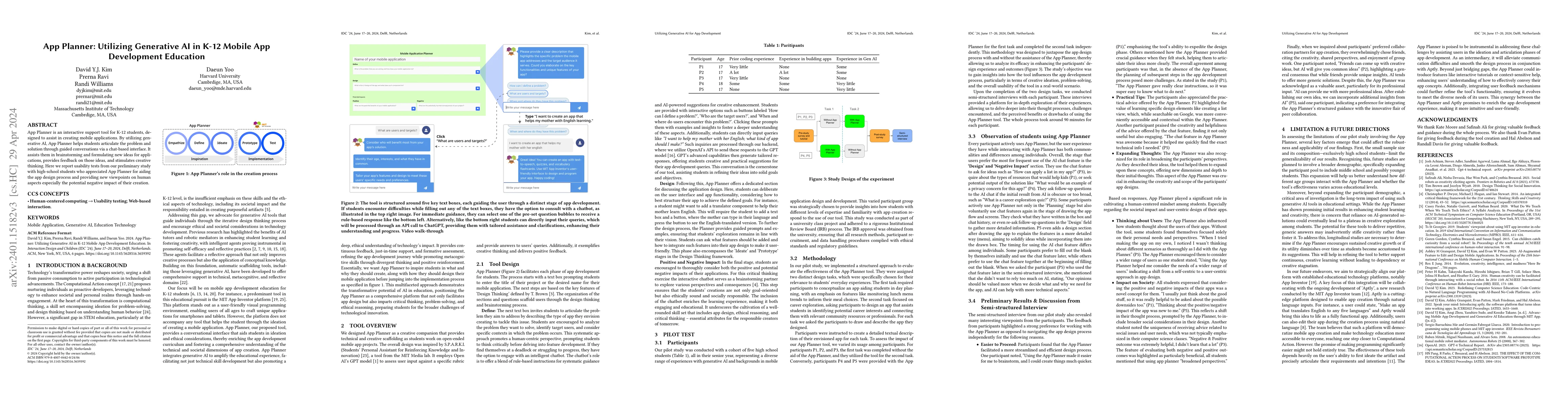 Thumbnail for App Planner: Utilizing Generative AI in K-12 Mobile App Development
  Education