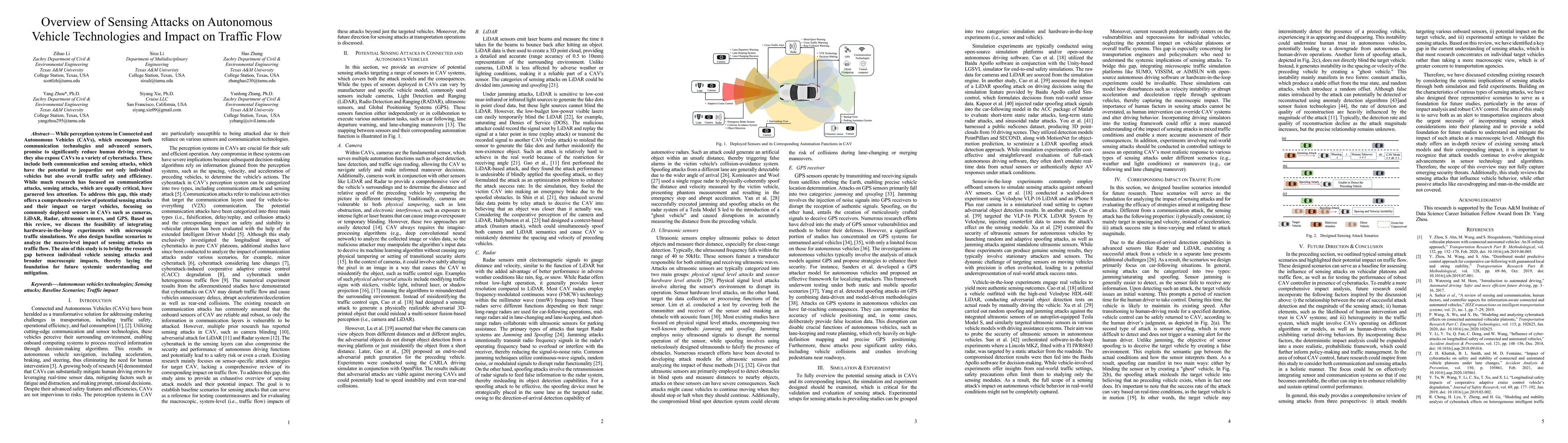 Thumbnail for Overview of Sensing Attacks on Autonomous Vehicle Technologies and
  Impact on Traffic Flow