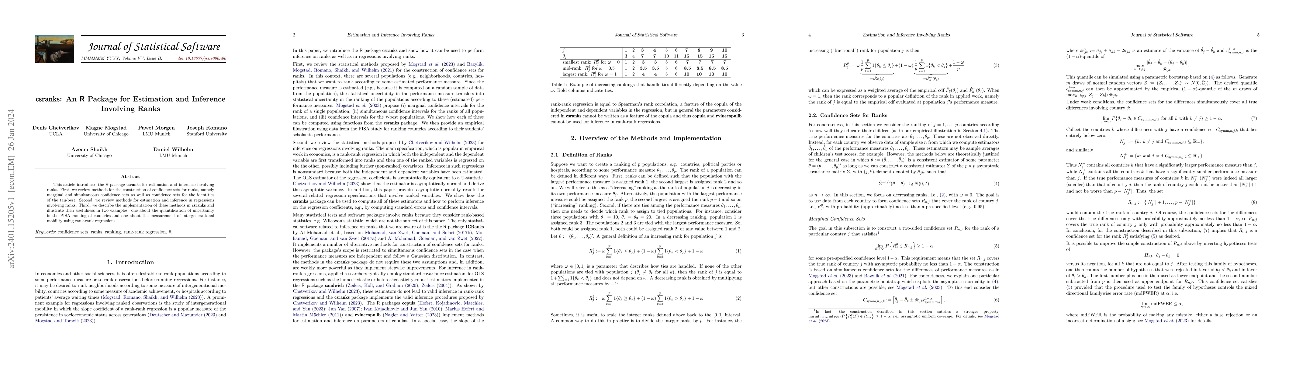 Thumbnail for csranks: An R Package for Estimation and Inference Involving Ranks