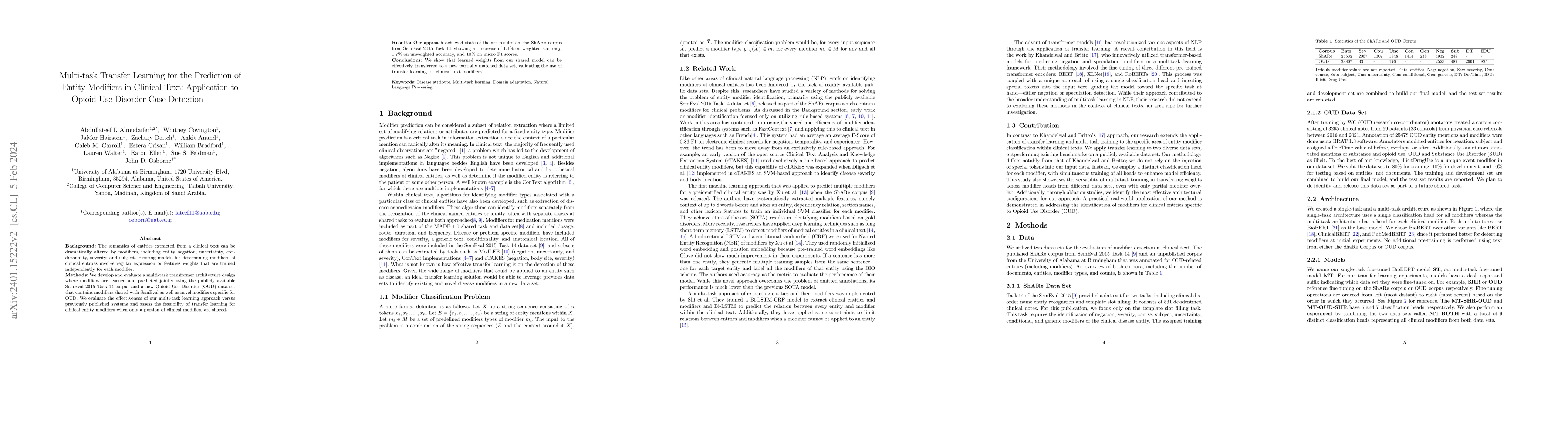 Thumbnail for Transfer Learning for the Prediction of Entity Modifiers in Clinical
  Text: Application to Opioid Use Disorder Case Detection