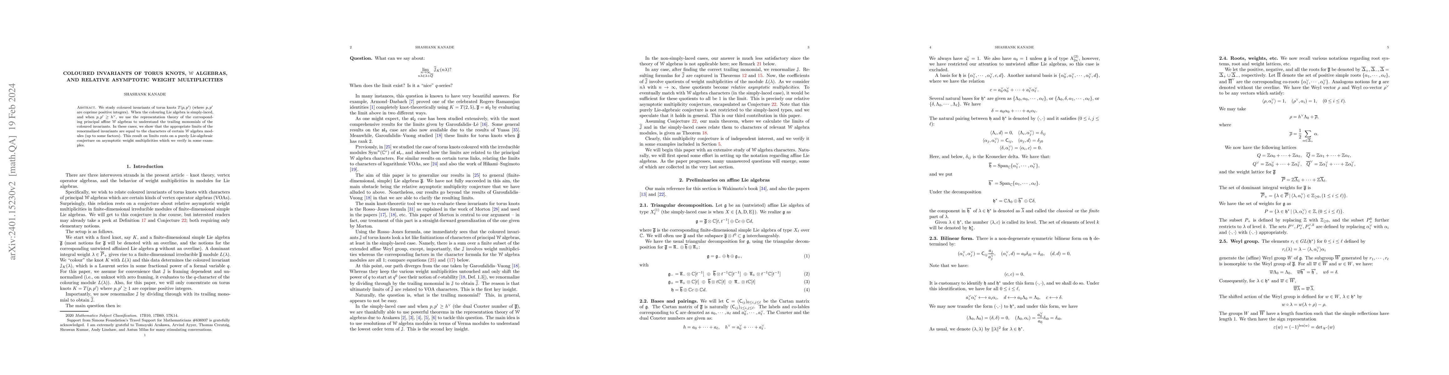 Thumbnail for Coloured invariants of torus knots, $\mathcal{W}$ algebras, and relative
  asymptotic weight multiplicities