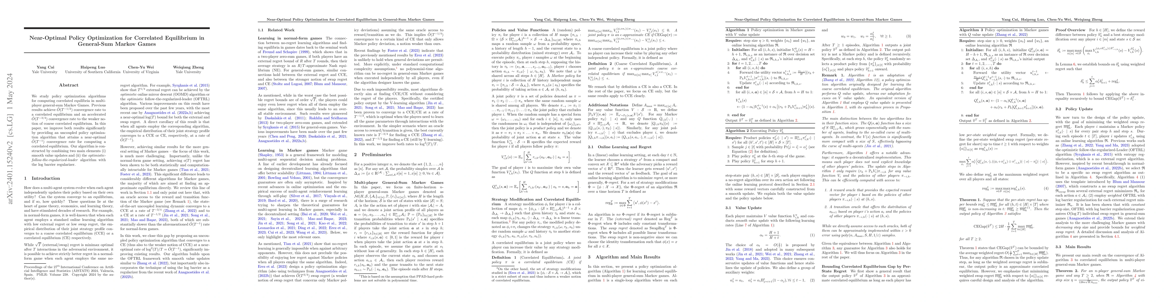 Thumbnail for Near-Optimal Policy Optimization for Correlated Equilibrium in
  General-Sum Markov Games