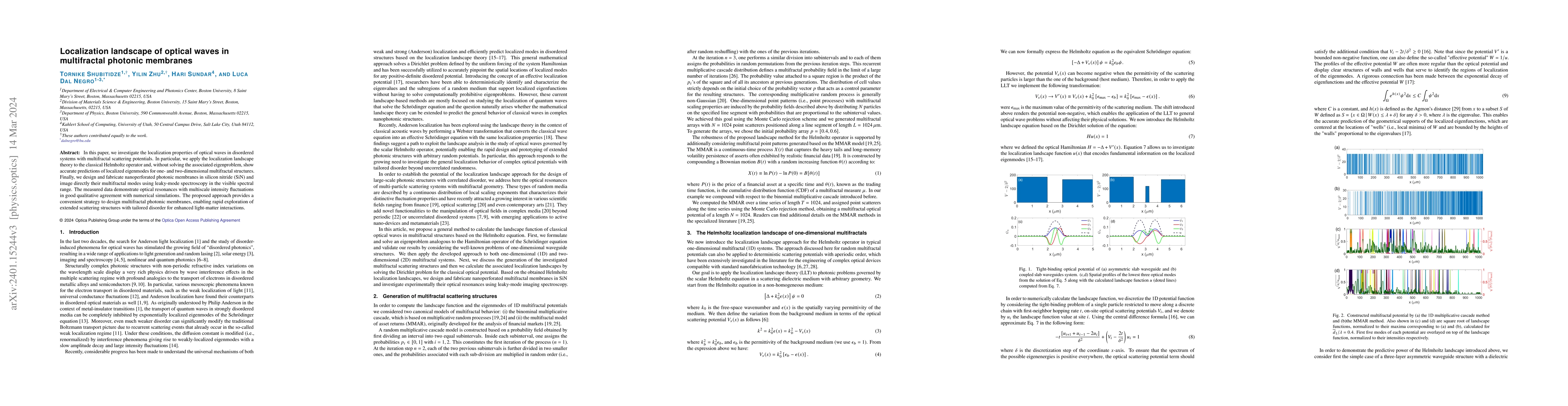 Thumbnail for Localization landscape of optical waves in multifractal photonic
  membranes