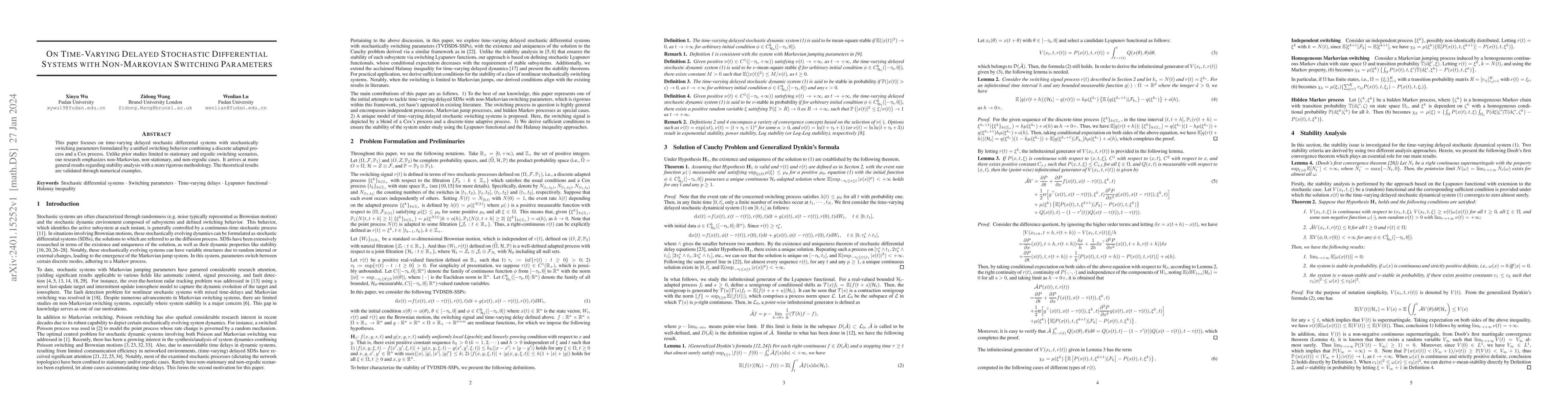 Thumbnail for On Time-Varying Delayed Stochastic Differential Systems with
  Non-Markovian Switching Parameters