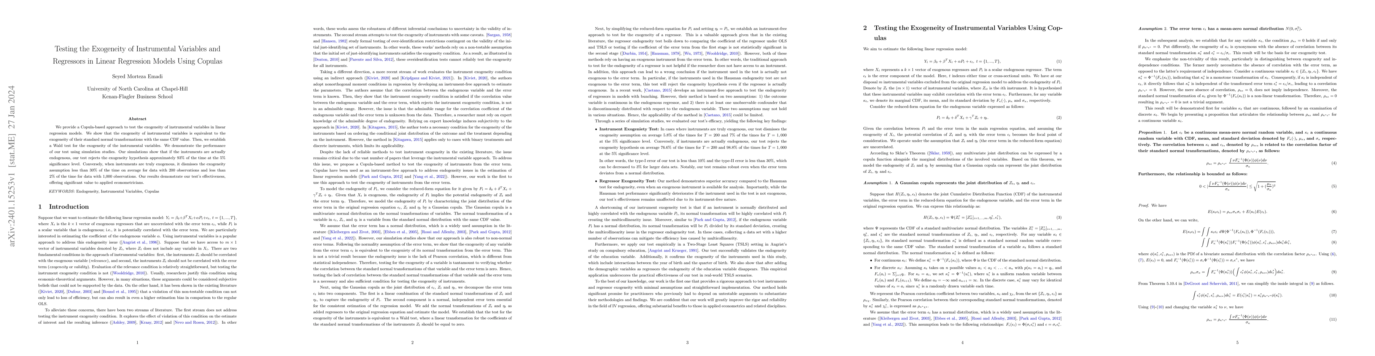 Thumbnail for Testing the Exogeneity of Instrumental Variables and Regressors in
  Linear Regression Models Using Copulas