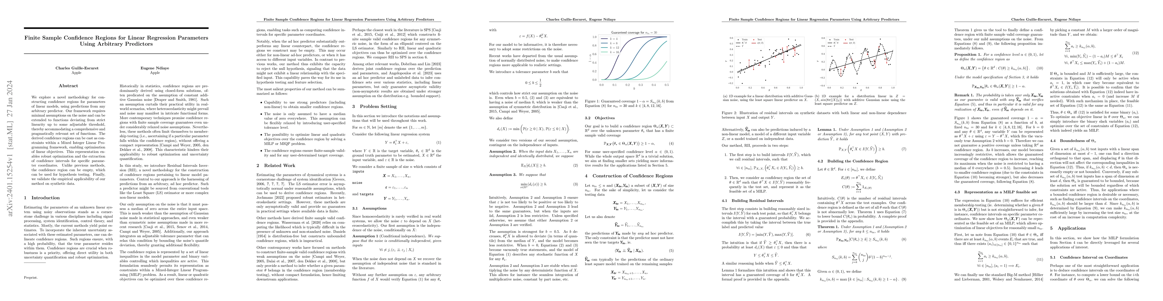 Thumbnail for Finite Sample Confidence Regions for Linear Regression Parameters Using
  Arbitrary Predictors