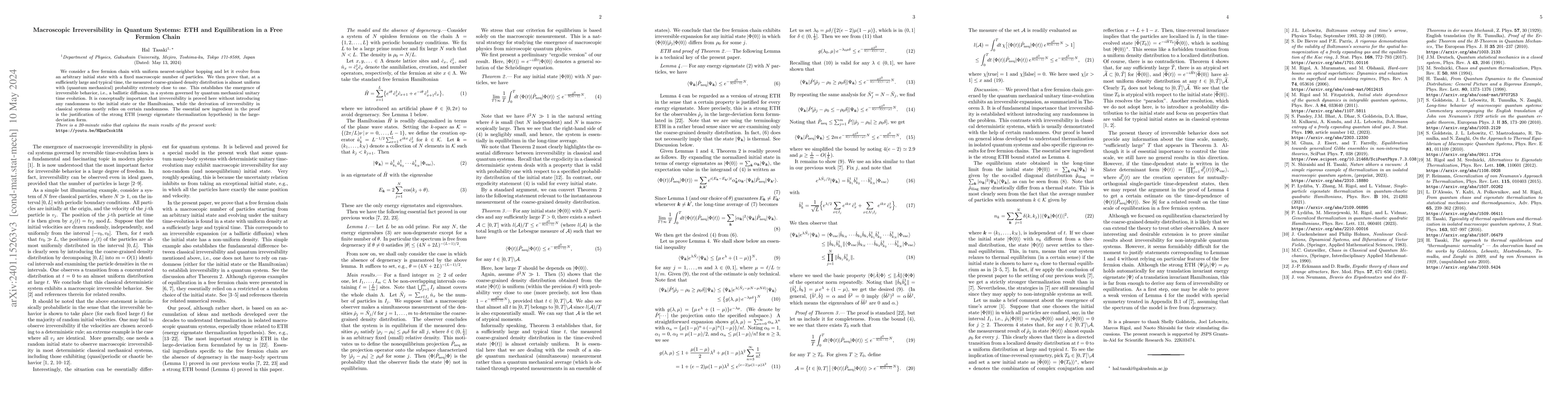 Thumbnail for Macroscopic Irreversibility in Quantum Systems: ETH and Equilibration in
  a Free Fermion Chain