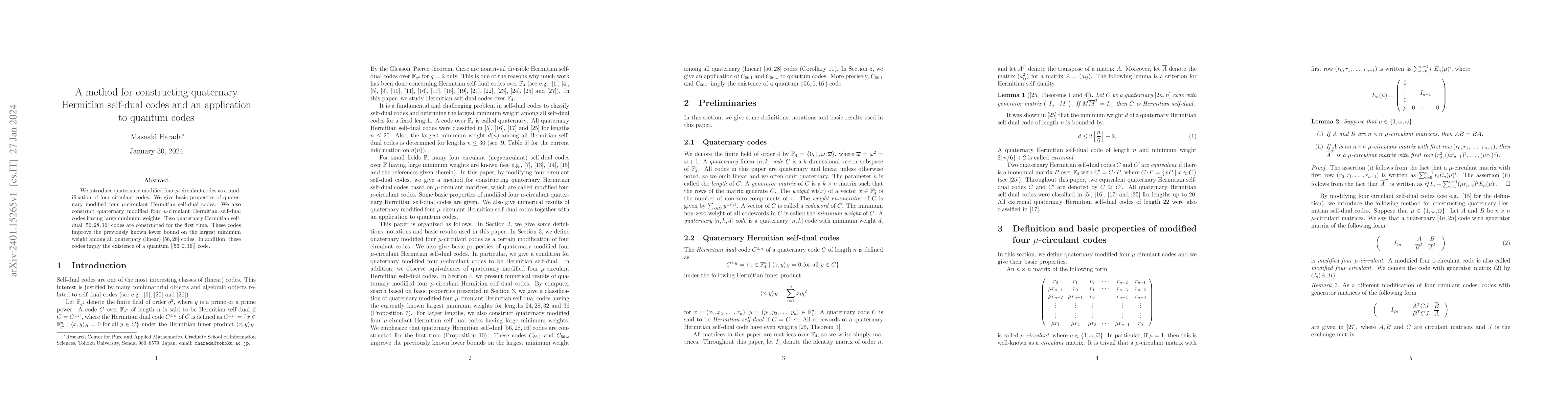 Thumbnail for A method for constructing quaternary Hermitian self-dual codes and an
  application to quantum codes
