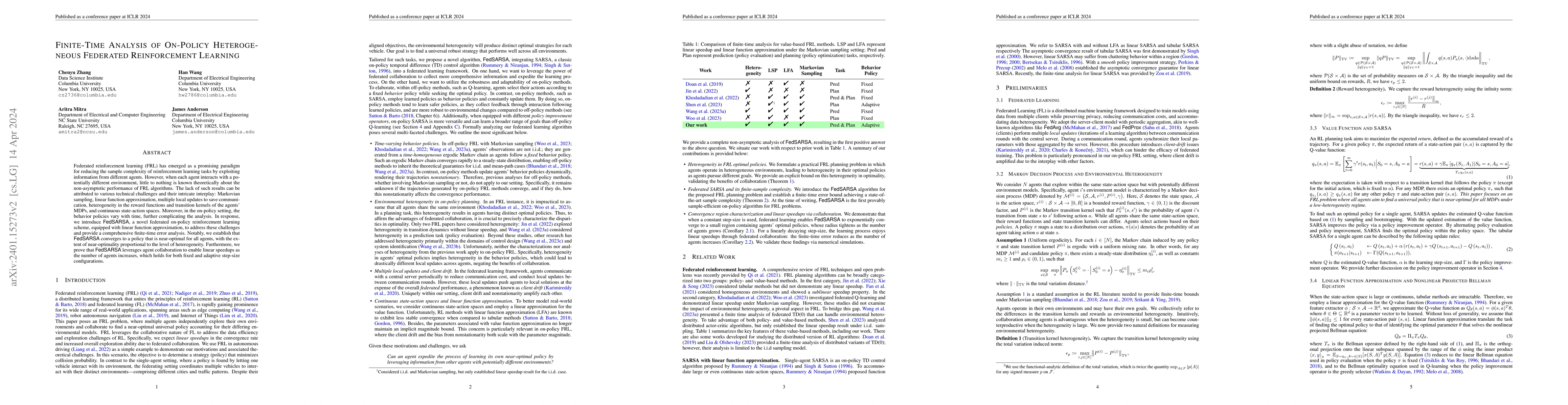 Thumbnail for Finite-Time Analysis of On-Policy Heterogeneous Federated Reinforcement
  Learning