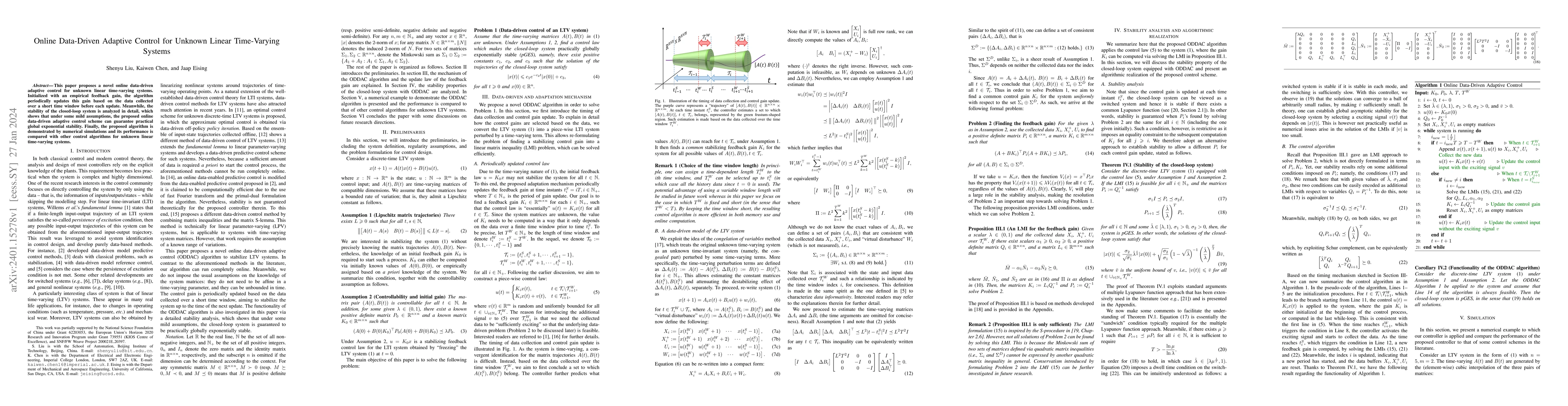 Thumbnail for Online Data-Driven Adaptive Control for Unknown Linear Time-Varying
  Systems