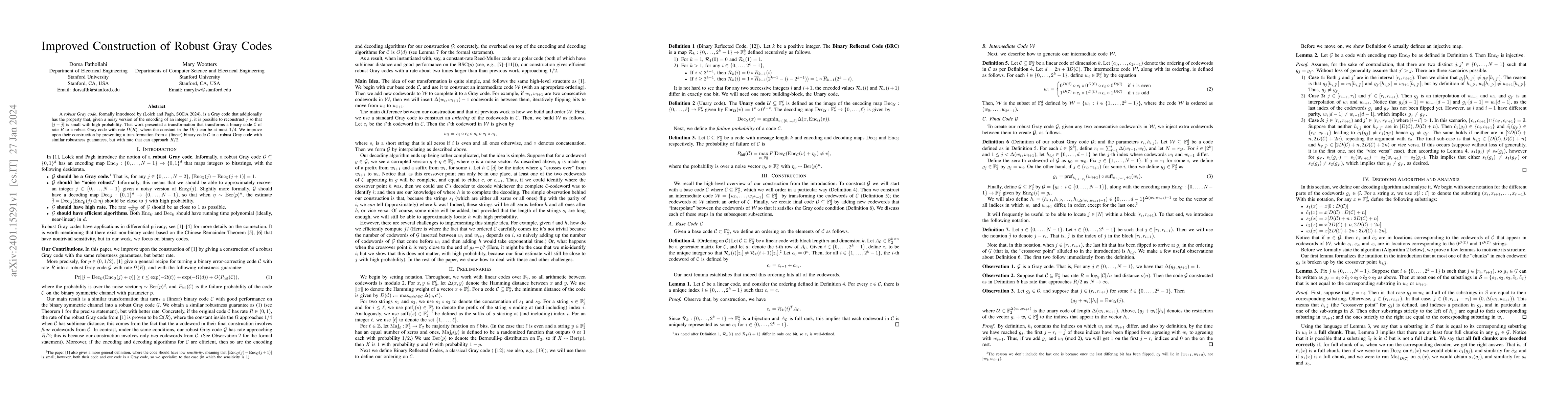 Thumbnail for Improved Construction of Robust Gray Code