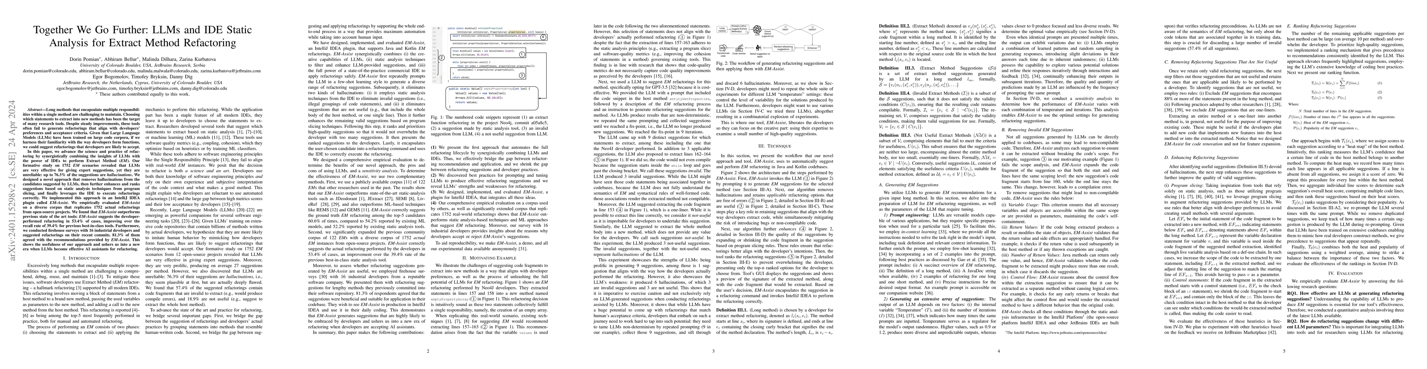 Thumbnail for Together We Go Further: LLMs and IDE Static Analysis for Extract Method
  Refactoring