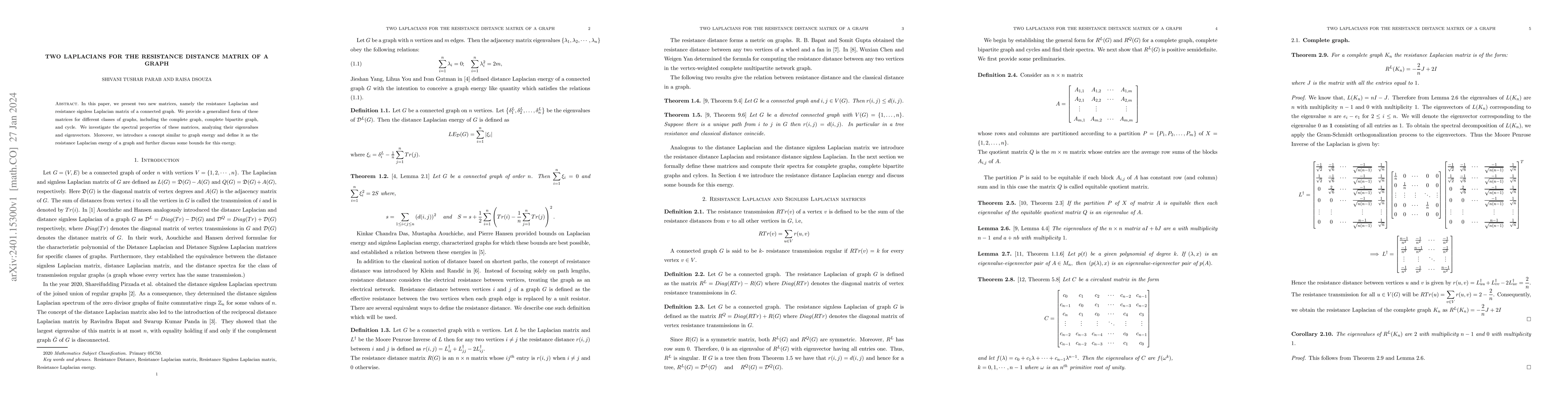 Thumbnail for Two Laplacians for the resistance distance matrix of a graph