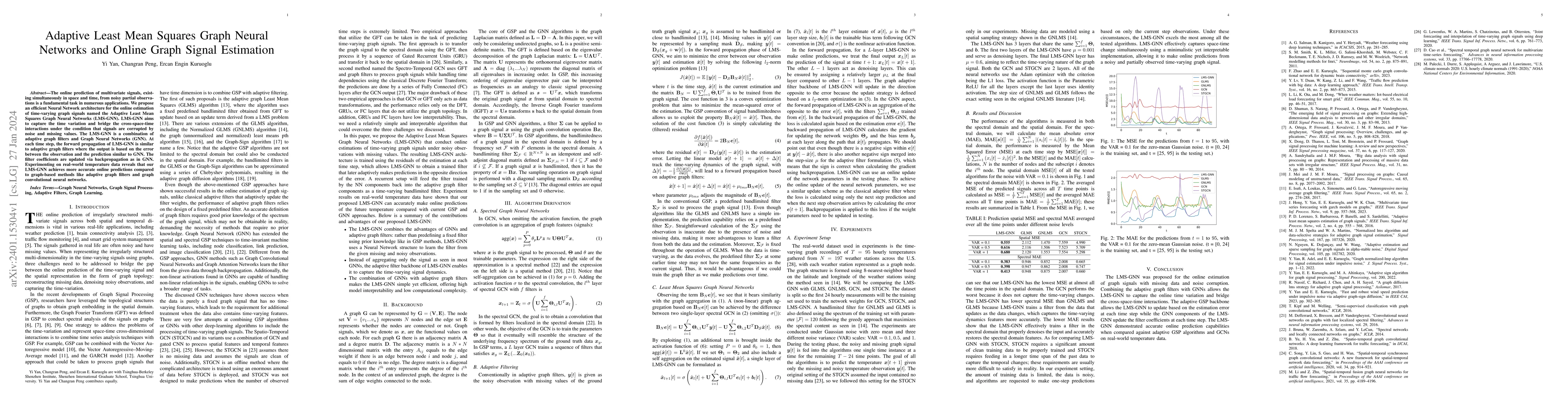 Thumbnail for Adaptive Least Mean Squares Graph Neural Networks and Online Graph
  Signal Estimation