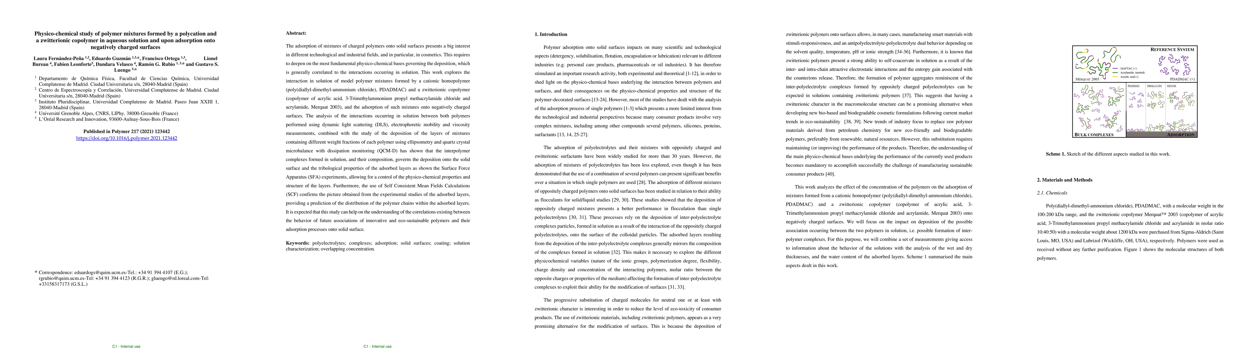Thumbnail for Physico-chemical study of polymer mixtures formed by a polycation and a
  zwitterionic copolymer in aqueous solution and upon adsorption onto
  negatively charged surfaces
